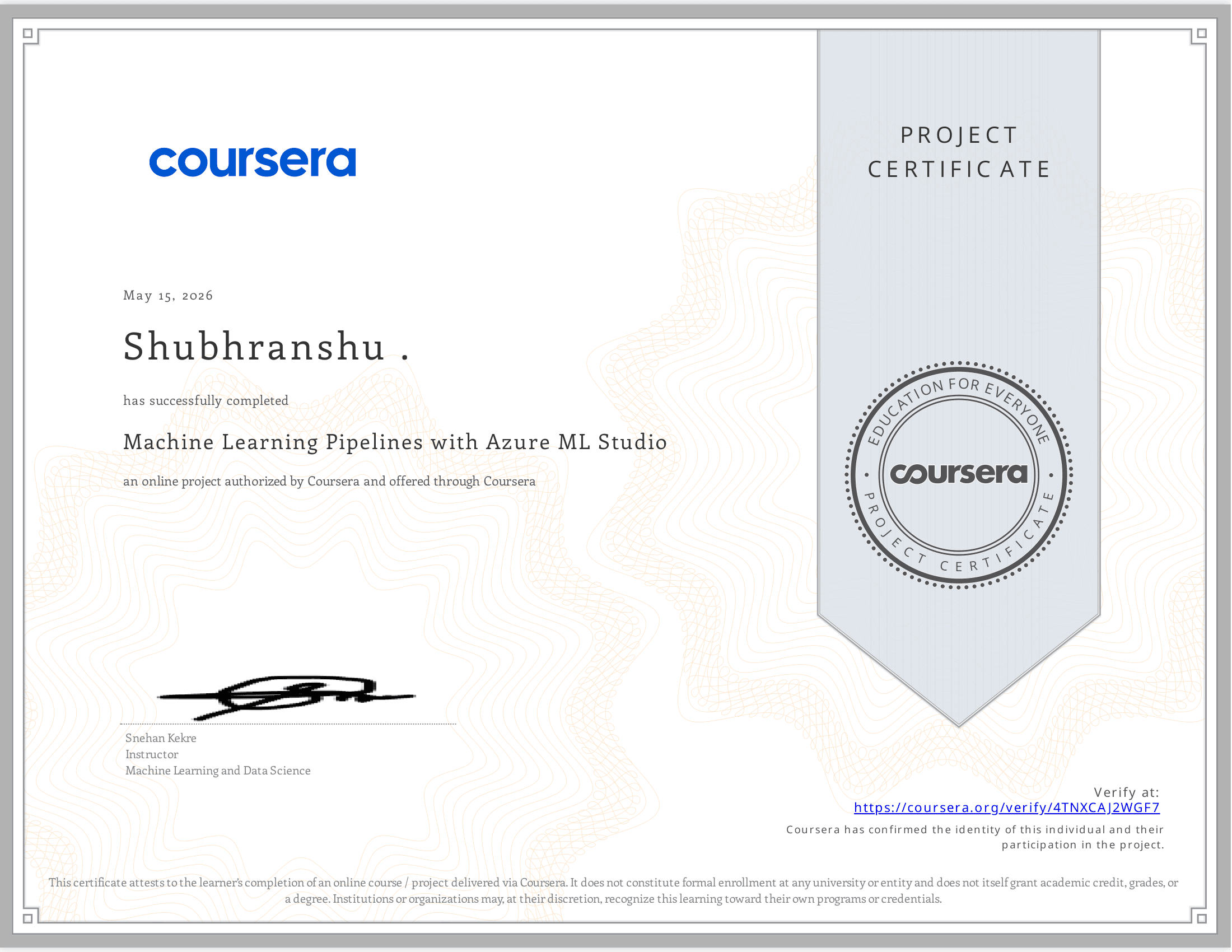 Machine Learning Pipelines with Azure ML Studio certificate