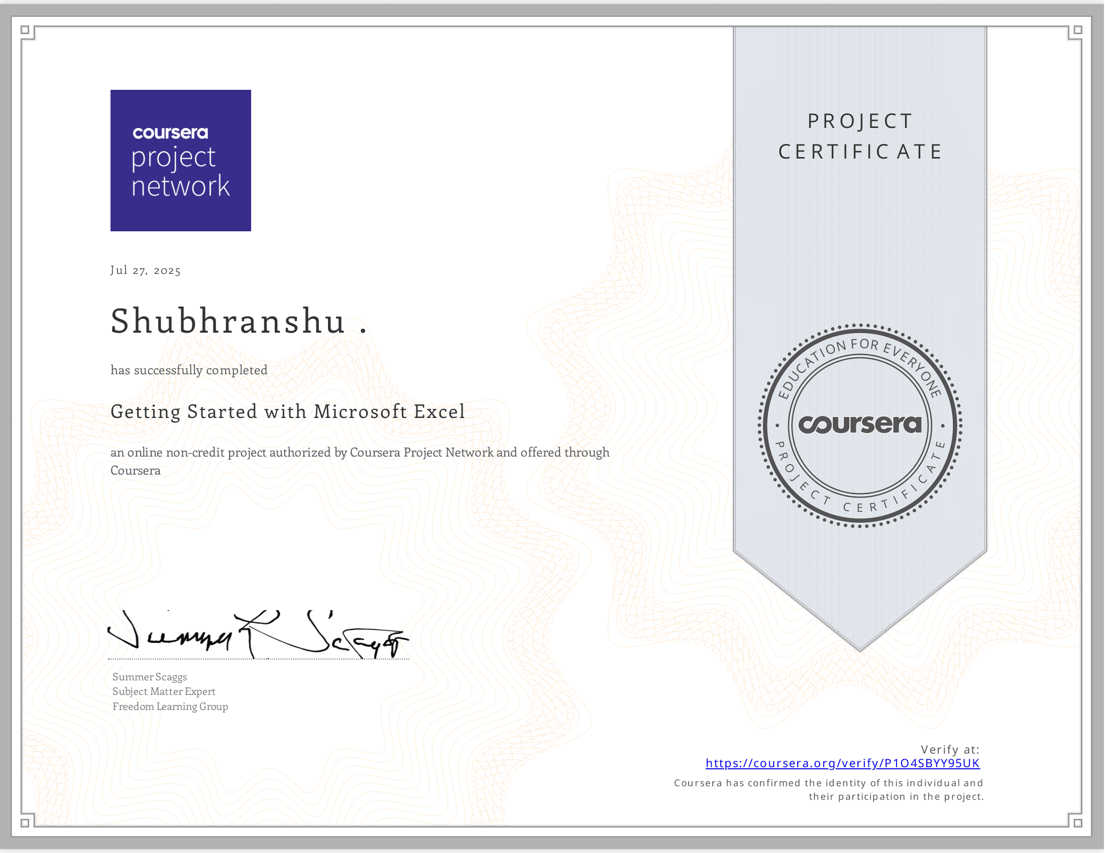 Getting Started with Microsoft Excel certificate