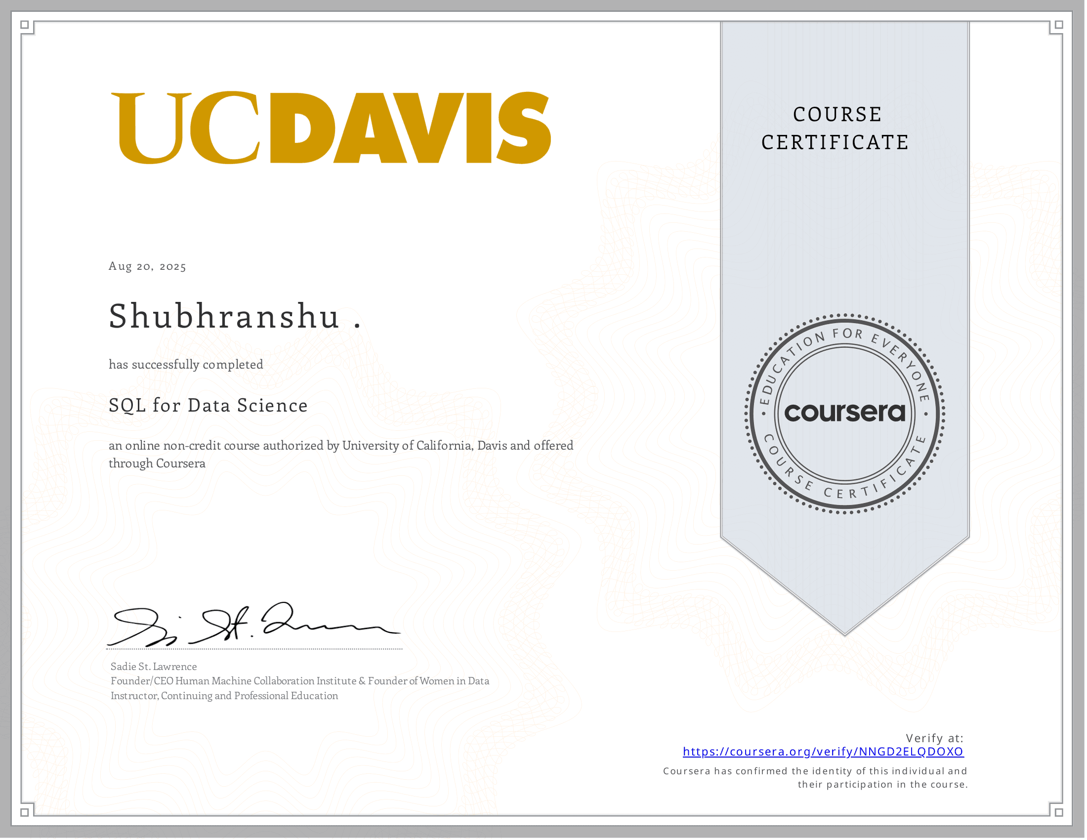 SQL for Data Science certificate