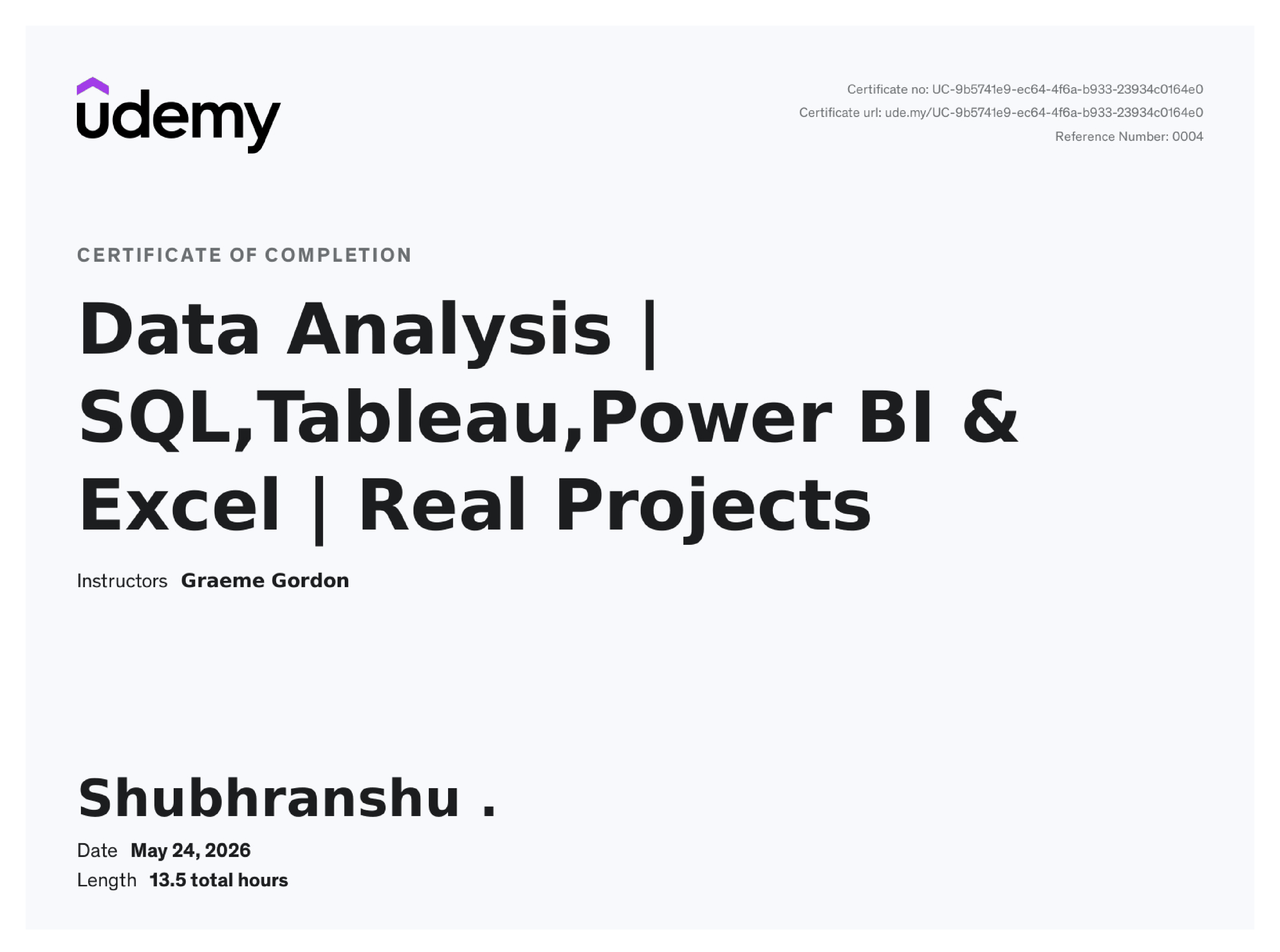 Data Analysis: SQL, Tableau, Power BI & Excel certificate